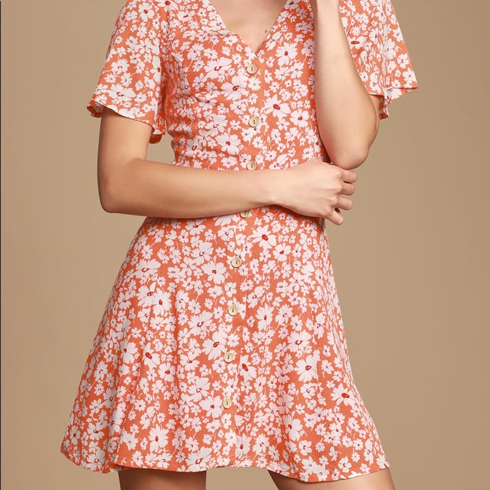 Lulu’s Orange Magnolia Floral Print Dress